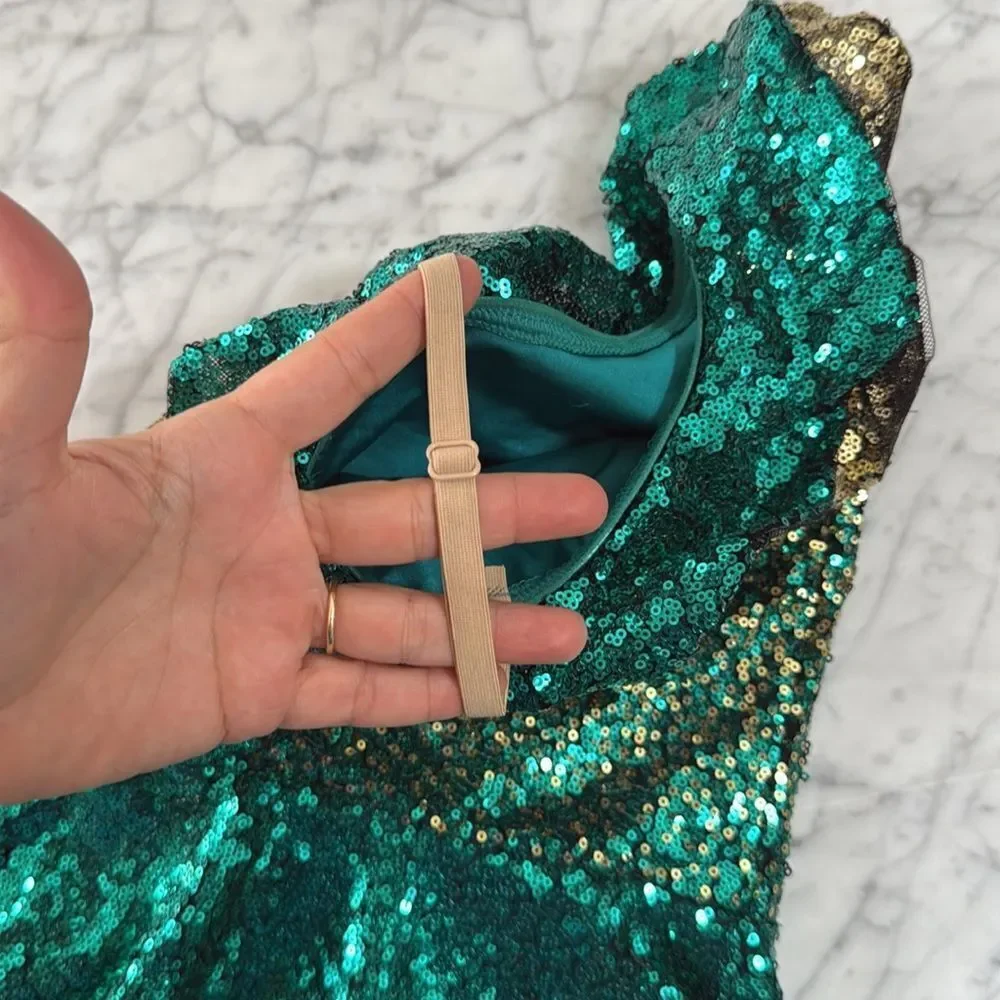 HEART AND SOUL Revolution Dance Costume Size XSC Green Sequin Flounce Skirt